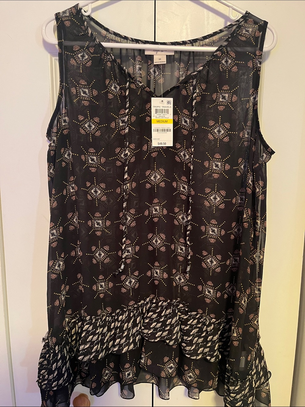 Style & Co. Black Geometric Print Sheer Sleeveless Ruffle-Hem NWT Retail $49